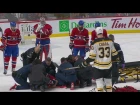Canadiens’ Danault stretchered off after taking Chara slap shot to the head