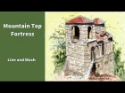line and wash watercolor painting tutorial -  how to draw and paint a mountain top fortress