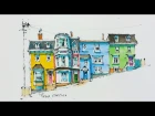Line and Wash Watercolor Tutorial of Colorful Row Houses in St John's, Newfoundland. Peter Sheeler