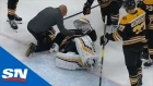 Tuukka Rask Has To Be Helped Off The Ice After Filip Chytil Slams Into Him During Goal