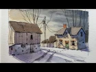 Draw and Paint a Farm at dusk. Line and Wash watercolor tutorial. Peter Sheeler